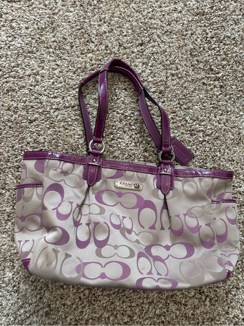Vintage Coach Beige Canvas Tote with Purple Trim and Straps